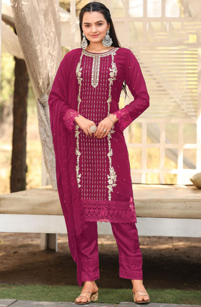 Magenta Embroidered Georgette Pant Kameez