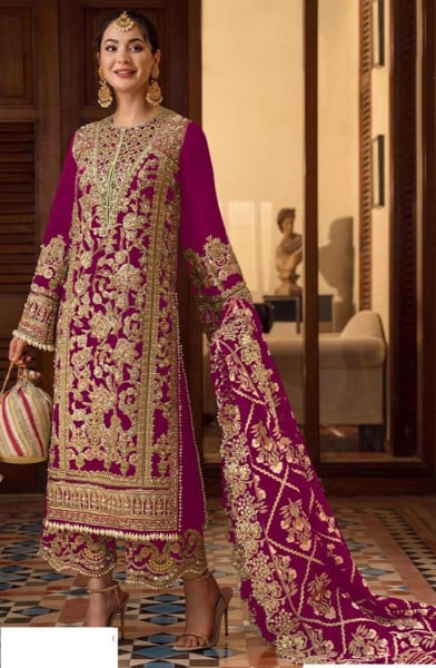 Magenta Embroidered Georgette Trouser Kameez