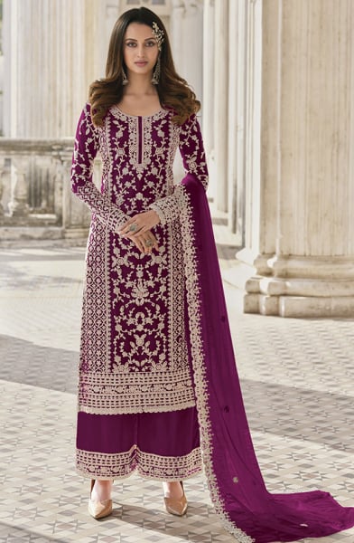 Magenta Embroidered Net Palazzo Kameez