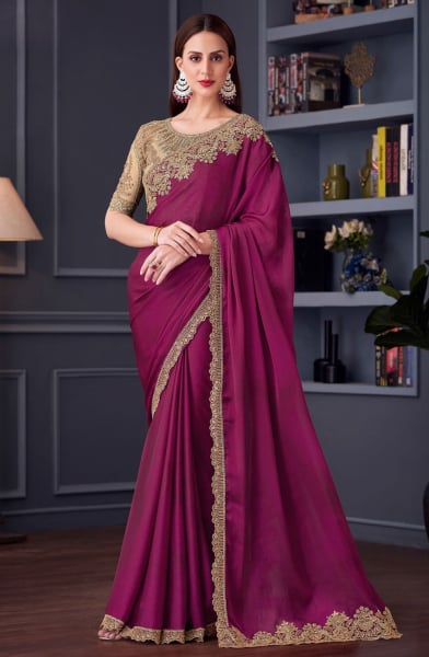 Magenta Embroidered Satin Chiffon Designer Saree