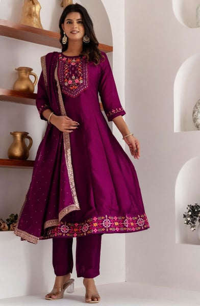 Magenta Embroidered Silk A-Line Suit