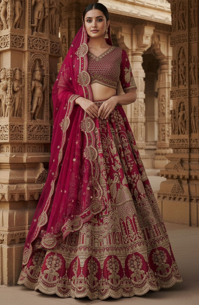 Magenta Embroidered Silk Bridal Lehenga Choli