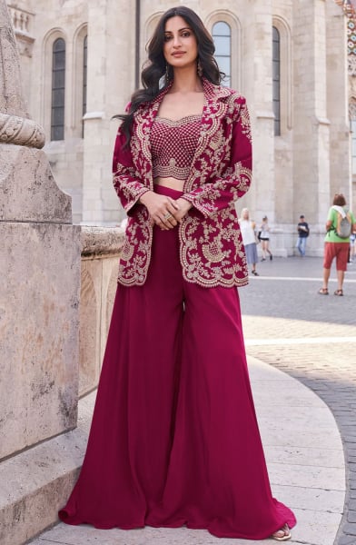 Magenta Embroidered Silk Designer IndoWestern
