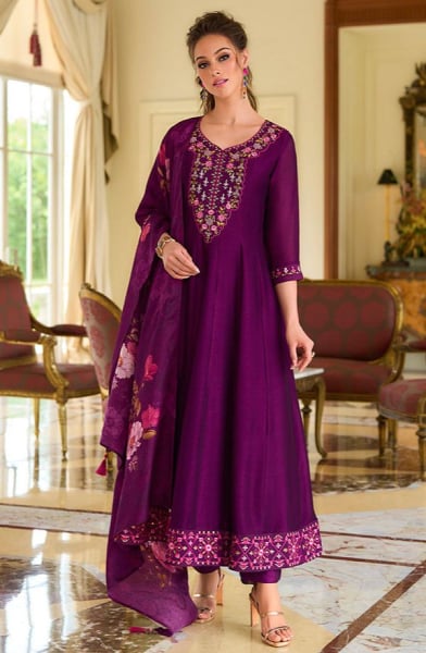 Magenta Embroidered Silk Readymade Suit