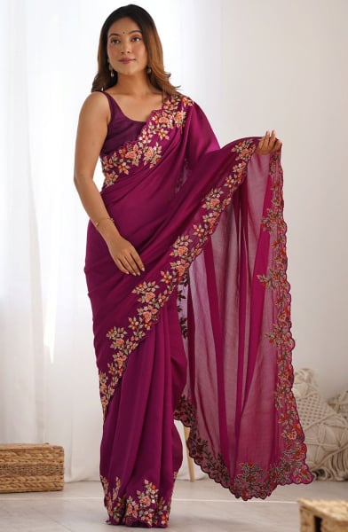 Magenta Embroidered Silk Saree for Festival