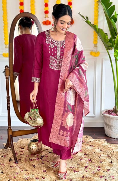 Magenta Embroidered Viscose Chanderi Readymade Suit