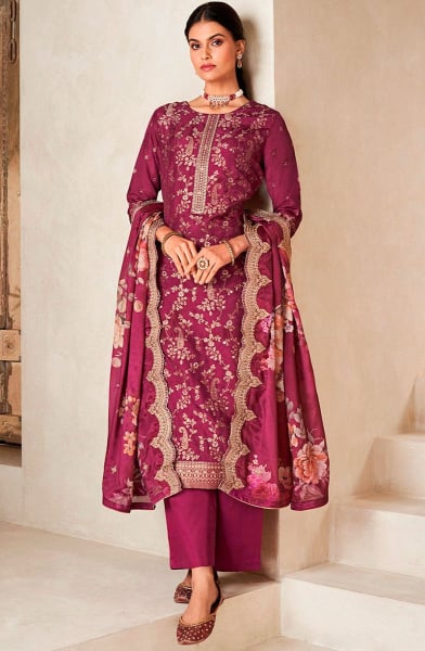 Magenta Embroidered Viscose Dola Silk Trouser Kameez