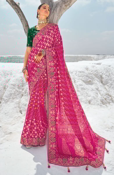Magenta Hand Embroidered Georgette Designer Saree