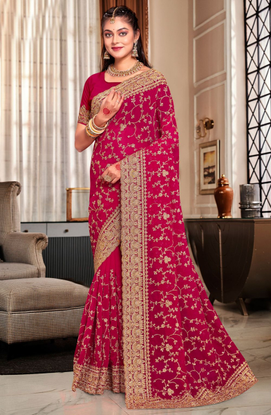 Magenta Heavy Embroidered Georgette Saree