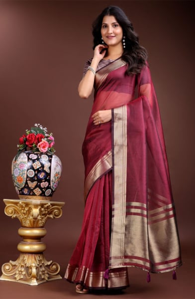 Magenta Organza Woven Saree