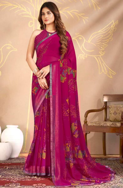 Magenta Printed Casual Georgette Saree