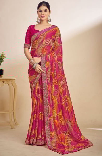 Magenta Printed Chiffon Saree