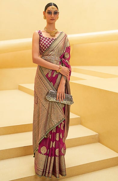 Magenta Printed Organza Brasso Party Wear Saree