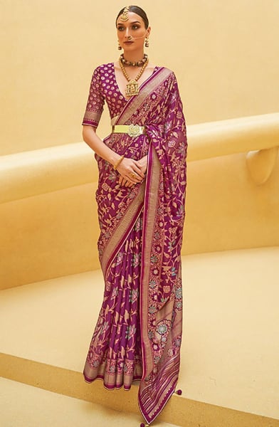 Magenta Printed Organza Brasso Party Wear Saree