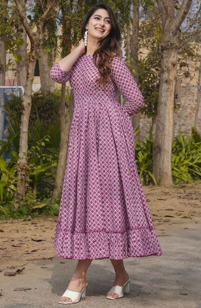 Magenta Printed Rayon Plus Size Frock