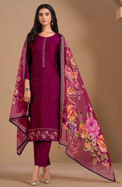 Magenta Resham Embroidered Chinnon Chiffon Pant Kameez