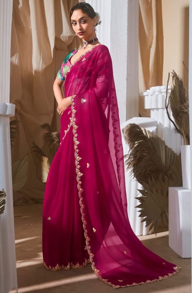Magenta Sequins Embroidered Tissue Organza Saree