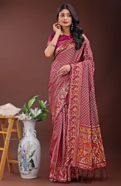 Magenta Silk Saree with Jacquard Work