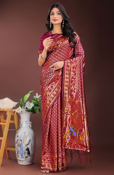 Magenta Silk Saree with Jacquard Work