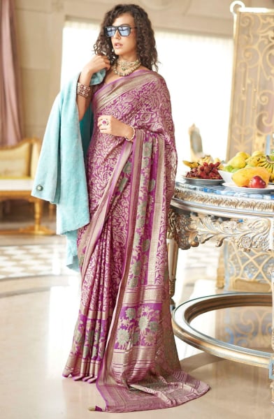 Magenta Viscose Georgette Saree with Foil Print