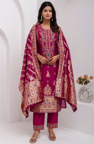 Magenta Woven Jacquard Silk Readymade Suit