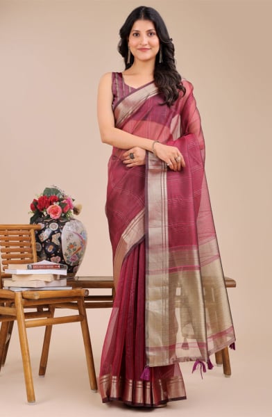 Magentra Organza Woven Saree