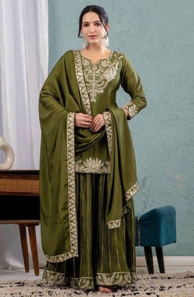 Mahendi Green Chinnon Silk Readymade Sarara Kameez Suit