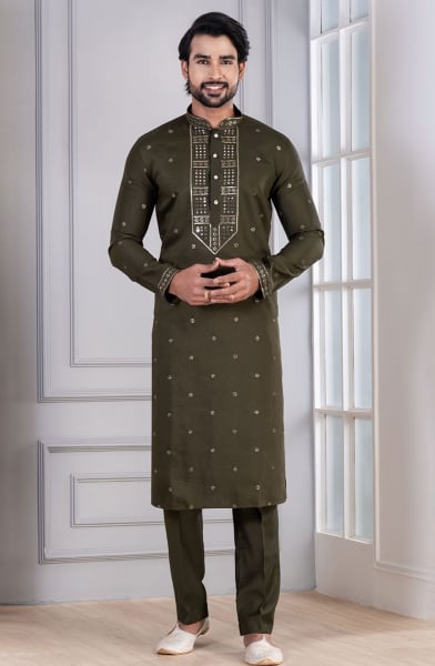 Mahendi Green Cotton Kurta Pyjama Set for Festival