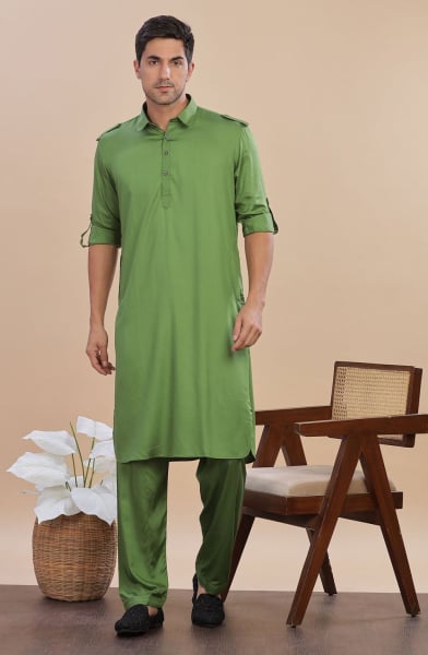 Mahendi Green Cotton Satin Pathani Suit for Festival