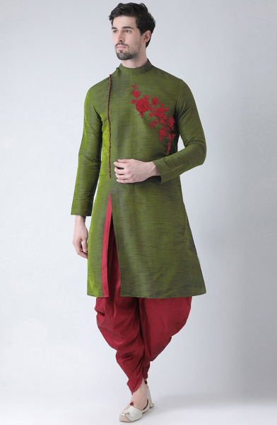 Mahendi Green Dupion Silk Dhoti Kurta Set
