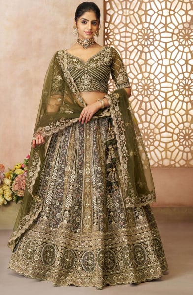 Mahendi Green Heavy Embroidered Lehenga Choli for Wedding