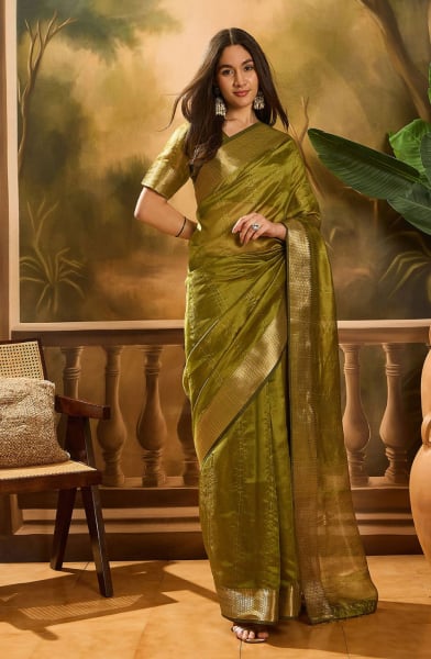 Mahendi Green Khadi Organza Woven Jacquard Saree