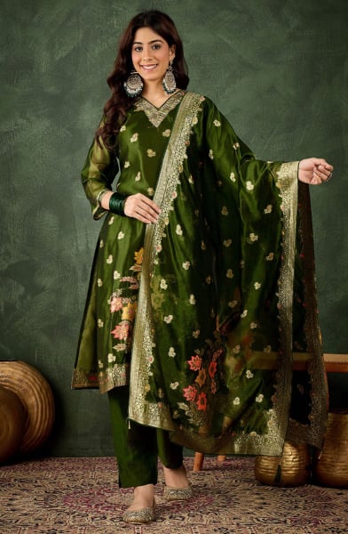 Mahendi Green Organza Silk Partywear Suit