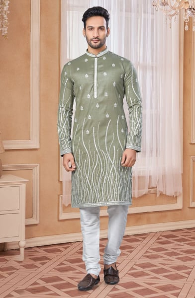 Mahendi Green Silk Embroidered Kurta Set