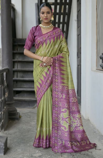 Mahendi Green Soft Tussar Silk Zari Woven Saree