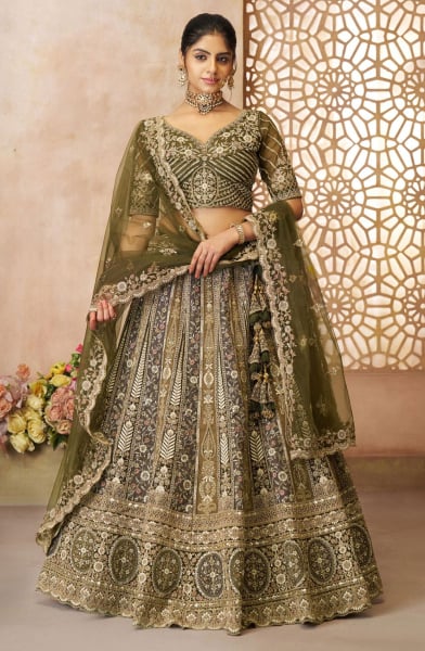 Mahendi Green Zari with Resham Embroidered Designer Lehenga Choli Set