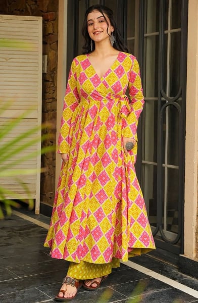 Maize Yellow and Cherry Pink Printed Rayon Flared Kurta with Palazzo