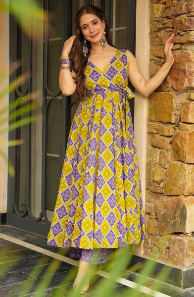 Maize Yellow and Purple Printed Rayon Flared Kurta with Palazzo