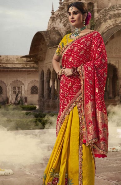 Maize Yellow and Red Embroidered Silk Designer Saree