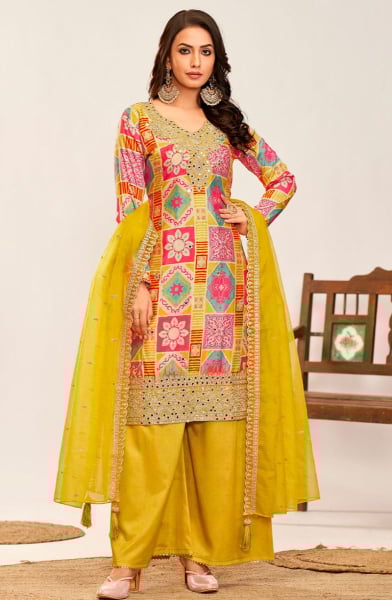 Maize Yellow Embellished Chinnon Palazzo Kameez