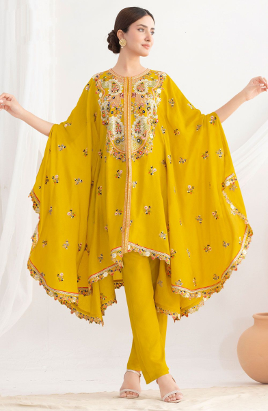 Maize Yellow Embroidered Chinnon Kaftan with Pant