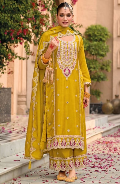 Maize Yellow Embroidered Chinnon Palazzo Kameez