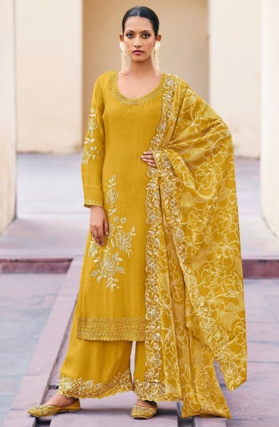 Maize Yellow Embroidered Chinnon Palazzo Kameez