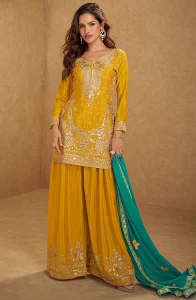 Maize Yellow Embroidered Chinnon Palazzo Kameez