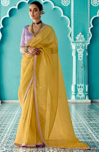 Maize Yellow Embroidered Designer Saree for Wedding