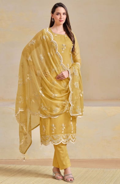 Maize Yellow Embroidered Organza Chiffon Pant Kameez
