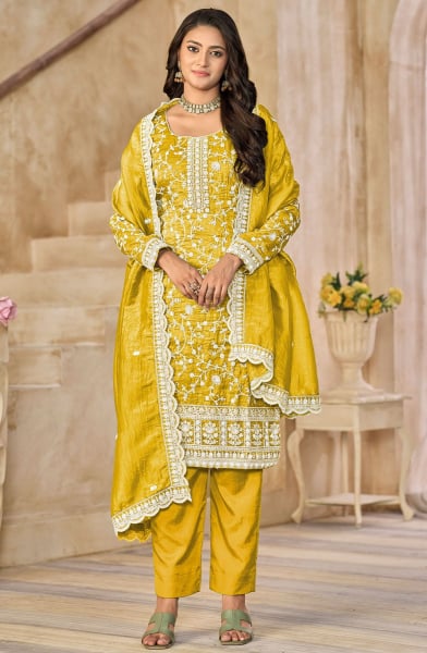 Maize Yellow Embroidered Organza Pant Kameez