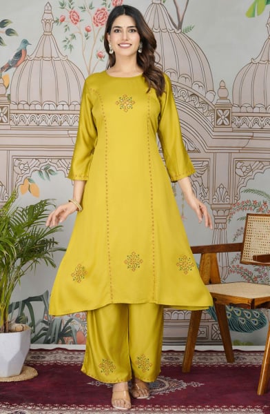 Maize Yellow Embroidered Pure Gaji Silk Kurta Set