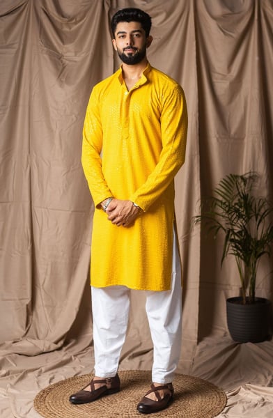 Maize Yellow Embroidered Rayon Kurta Set