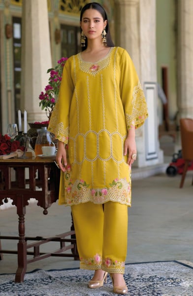 Maize Yellow Embroidered Roman Silk Co-Ord Set
